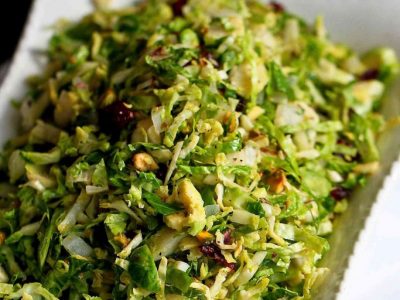 Shredded Brussels Sprouts With Pistachios, Cranberries & Parmesan