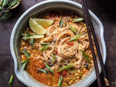 Saucy Coconut Curry With Rice Noodles and Garden Vegetables.