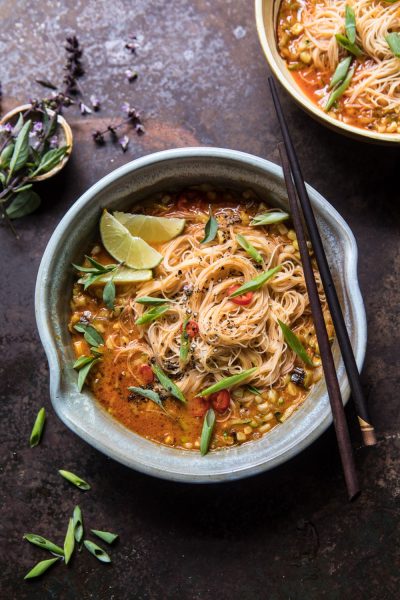 Saucy Coconut Curry With Rice Noodles and Garden Vegetables.